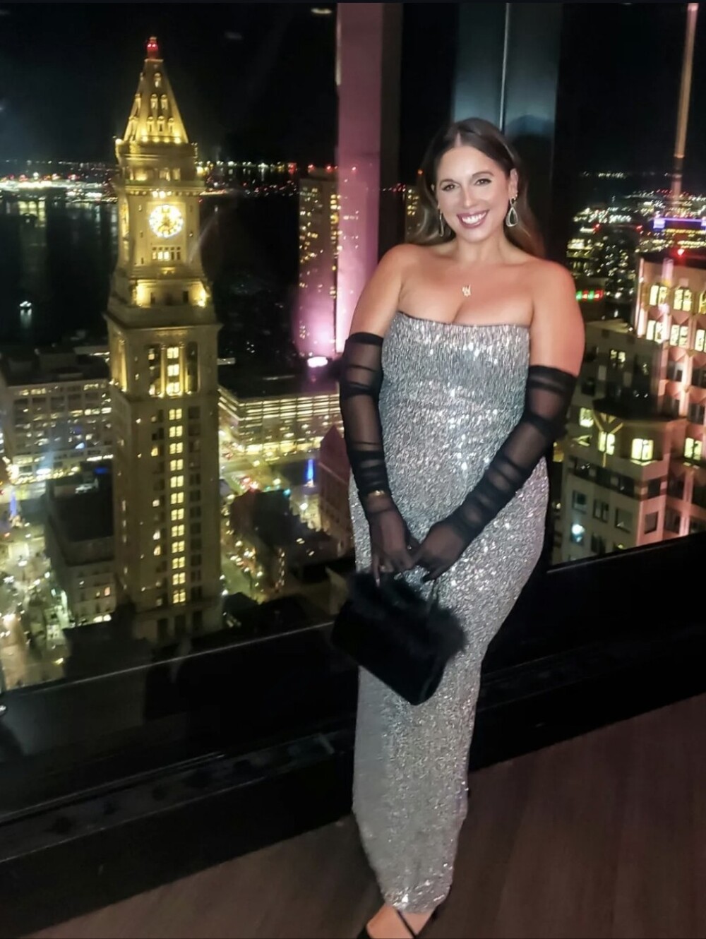 Camila Coelho Silver Sequin Strapless Gown